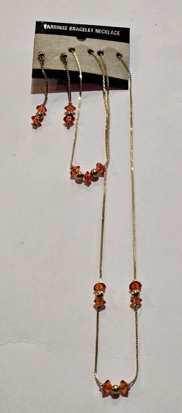 Shiny Gold Tone Orange Beaded Necklace Bracelet Dangle Earrings Set NEW